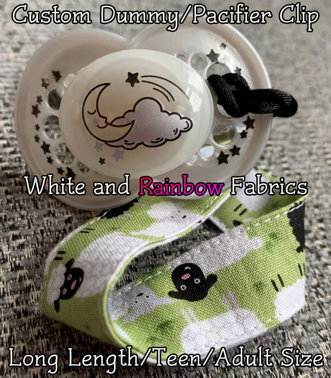 Custom (White and Rainbow) LONG LENGTH - ADULT Pacifier Clips