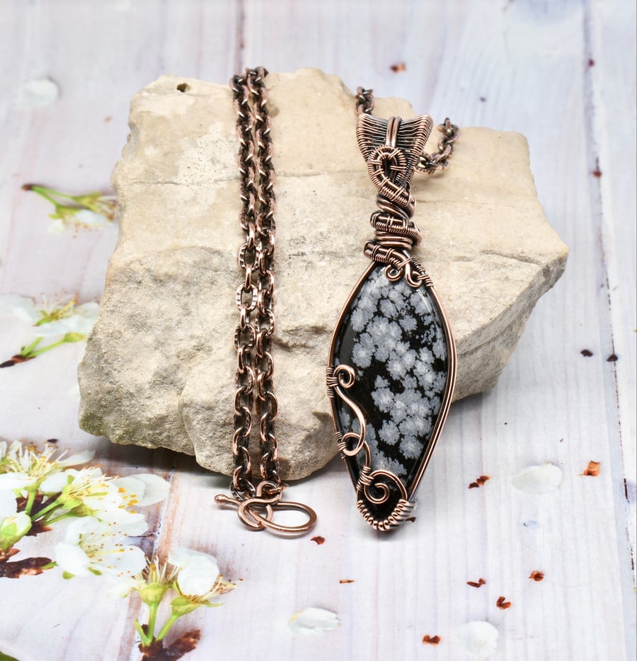 Snowflake Obsidian and Copper Wire Wrapped Unisex Pendant
