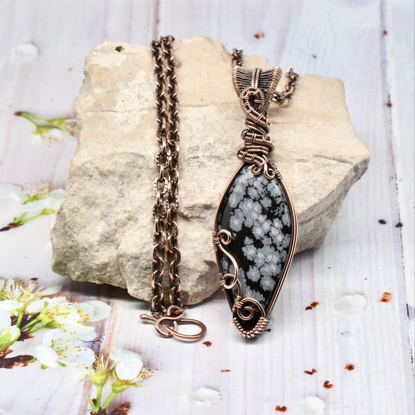 Snowflake Obsidian and Copper Wire Wrapped Unisex Pendant