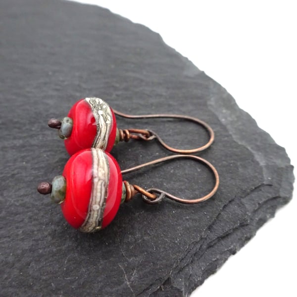 lampwork glass earrings, red and copper jewellery