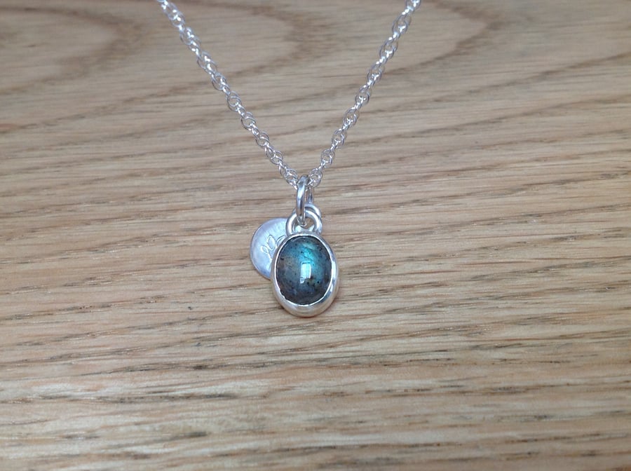 Labradorite Sterling and Fine silver dainty charm disc pendant necklace