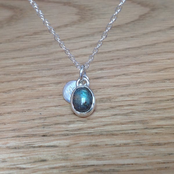 Labradorite Sterling and Fine silver dainty charm disc pendant necklace