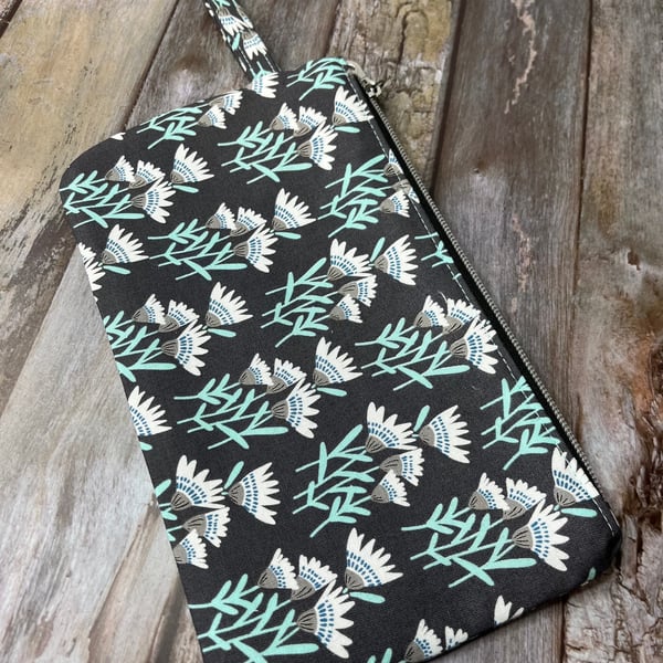 Grey Aqua Floral Makeup Bag, Pencil Case, Zip Pouch