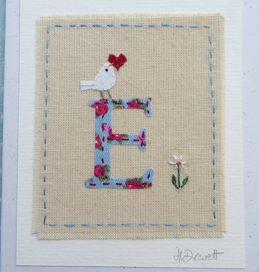 Letter E hand-stitched alphabet card