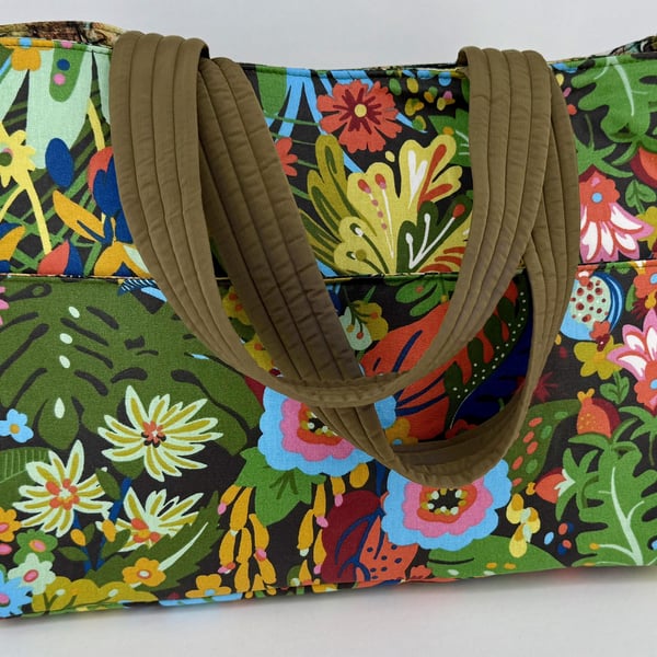 Handmade Olive Green Jungle Print Coated Cotton Tote Bag