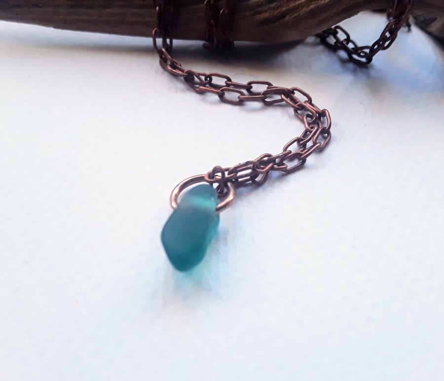 Rare Teal Seaglass Pendant with Copper Chain