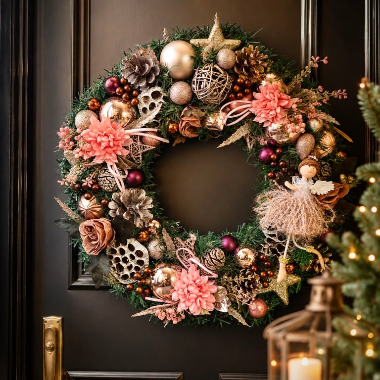 Luxurious Christmas angel wreath large mantel piece modern winter baubles art