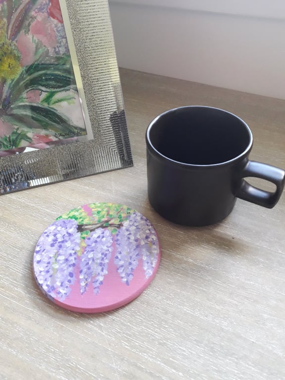 Wooden Coaster handpainted with Purple Wisteria