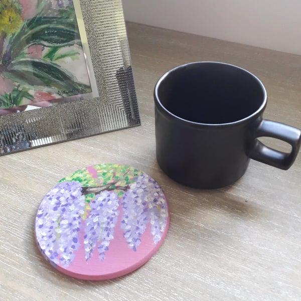 Wooden Coaster handpainted with Purple Wisteria