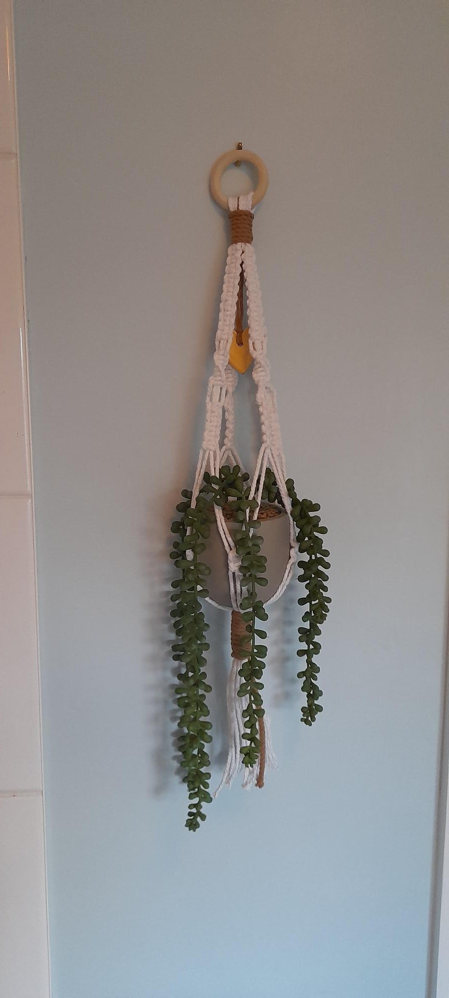 Handmade macrame hanging basket with Hanging Gold Air-Dry Clay Embellishment
