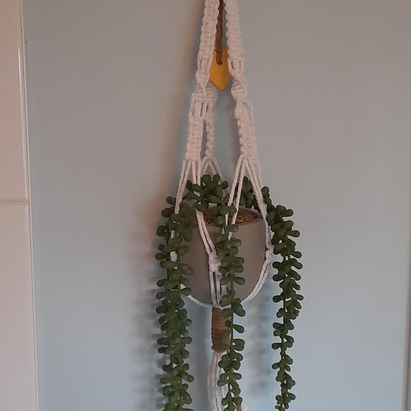 Handmade macrame hanging basket with Hanging Gold Air-Dry Clay Embellishment