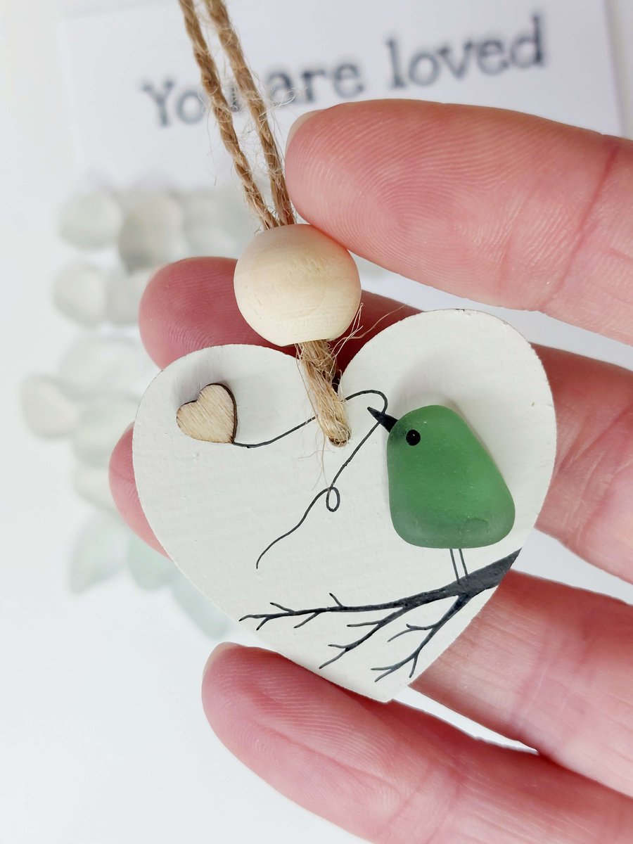 Sea Glass Bird Hanging Heart - Beach Glass Bird - Wooden Decoration Gift Tag