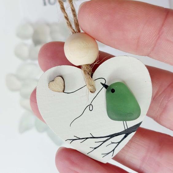 Sea Glass Bird Hanging Heart - Beach Glass Bird - Wooden Decoration Gift Tag