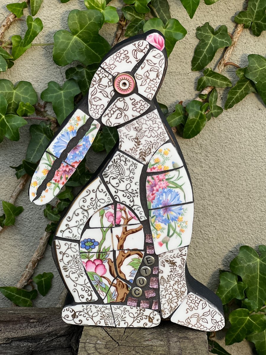 Mosaic Moon Gazing Hare, Made with Vintage china, Ceramic Mosaic Art