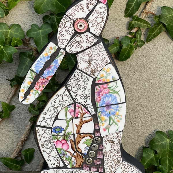 Mosaic Moon Gazing Hare, Made with Vintage china, Ceramic Mosaic Art
