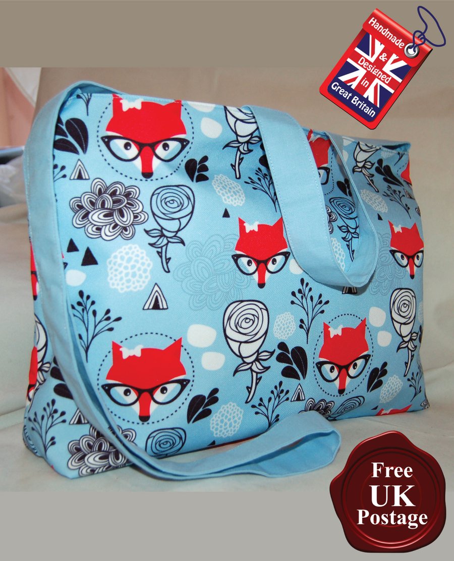 Fox Tote Bag, Handmade, Winter Fox Women’s Zip Top Tote Bag
