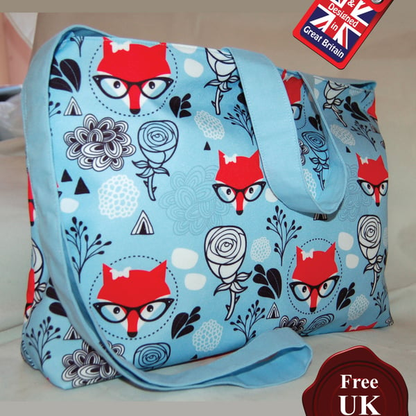 Fox Tote Bag, Handmade, Winter Fox Women’s Zip Top Tote Bag