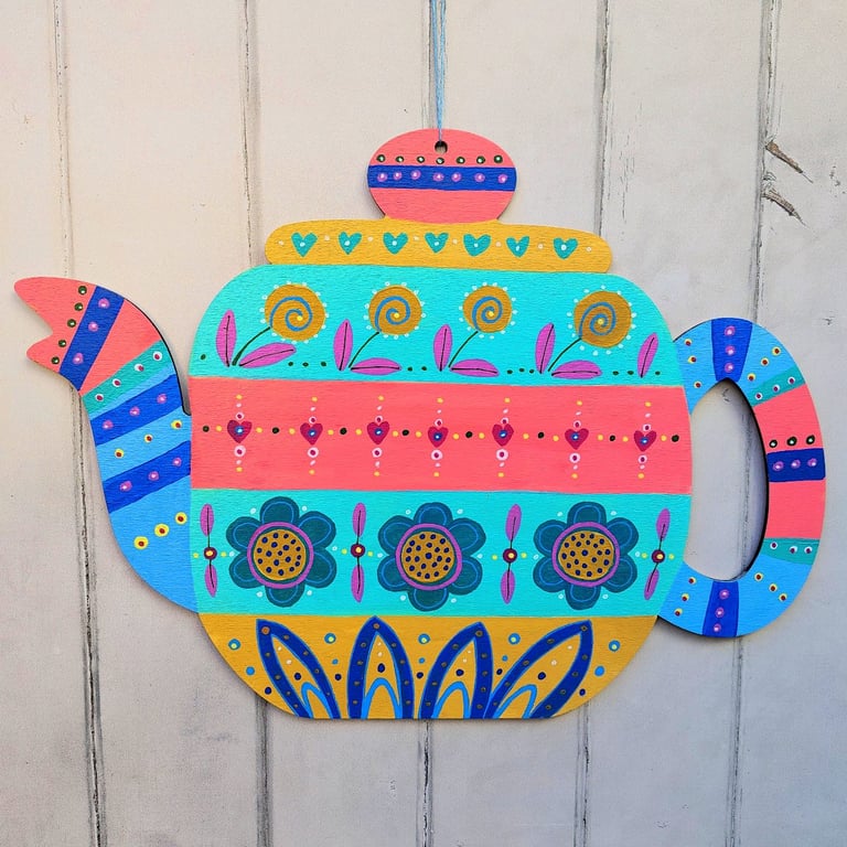 Hand painted wooden hanging teapot decoration with stripes flower wall art