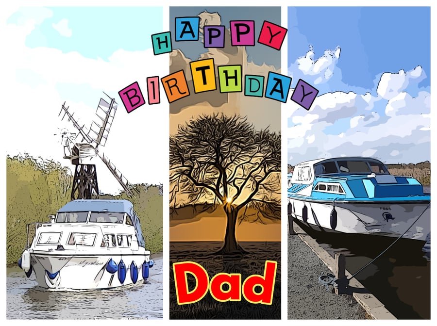 Happy Birthday Dad Boat & Tree Card A5