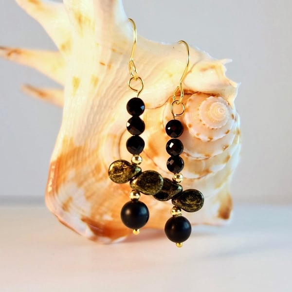 AAA Grade Black Spinel, Onyx And Czech Glass Earrings - Handmade In Devon
