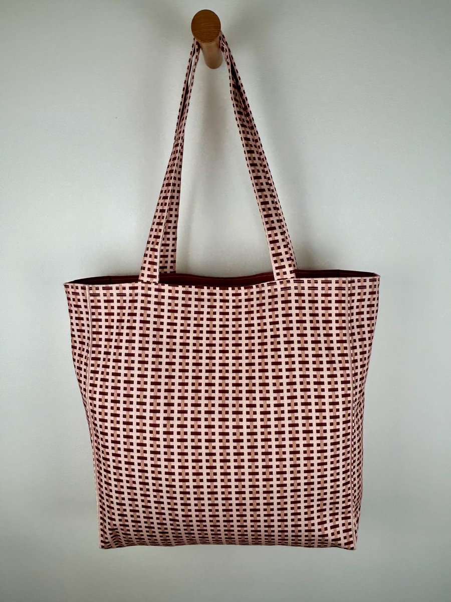 Dusky Pink Geometric Tote Bag, Cotton Linen Blend, Handmade