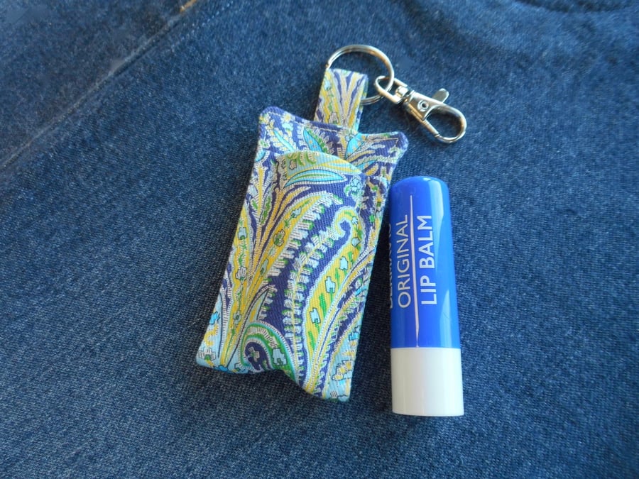 Key ring lip balm holder in blue Liberty fabric 