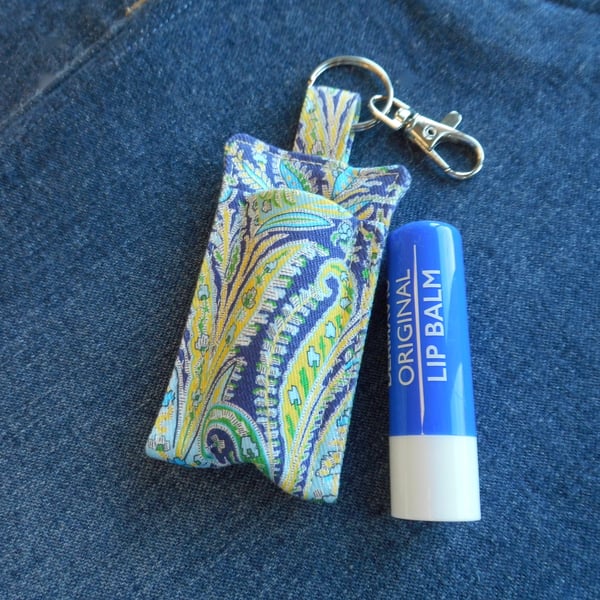 Key ring lip balm holder in blue Liberty fabric 