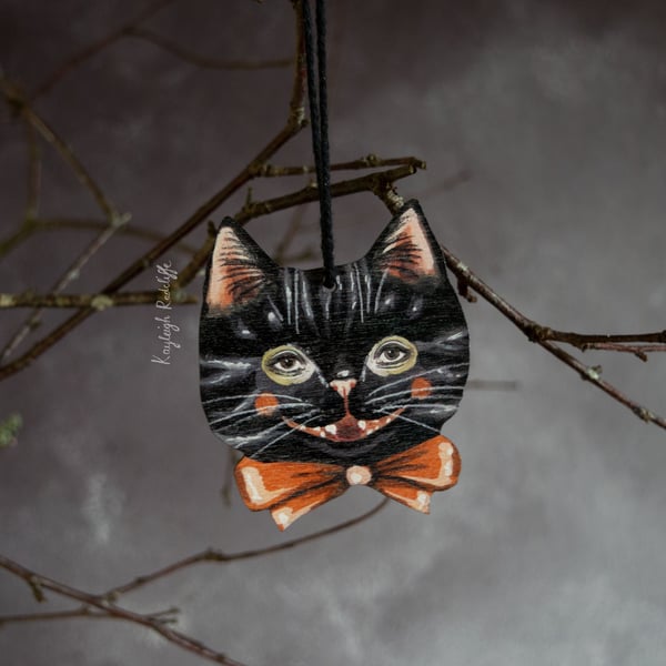 Black cat with a bow wooden hanging decoration- Noir the black cat