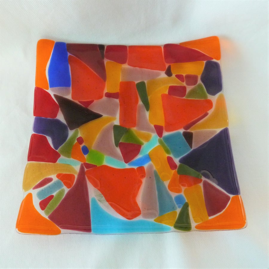mutlicoloured 20cm square fused glass dish