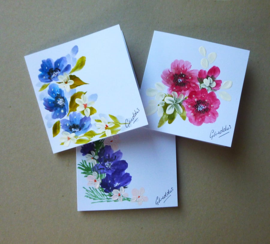 set of 3 hand painted floral blank cards & ref FA11 E1 )