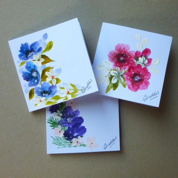 set of 3 hand painted floral blank cards & ref FA11 E1 )
