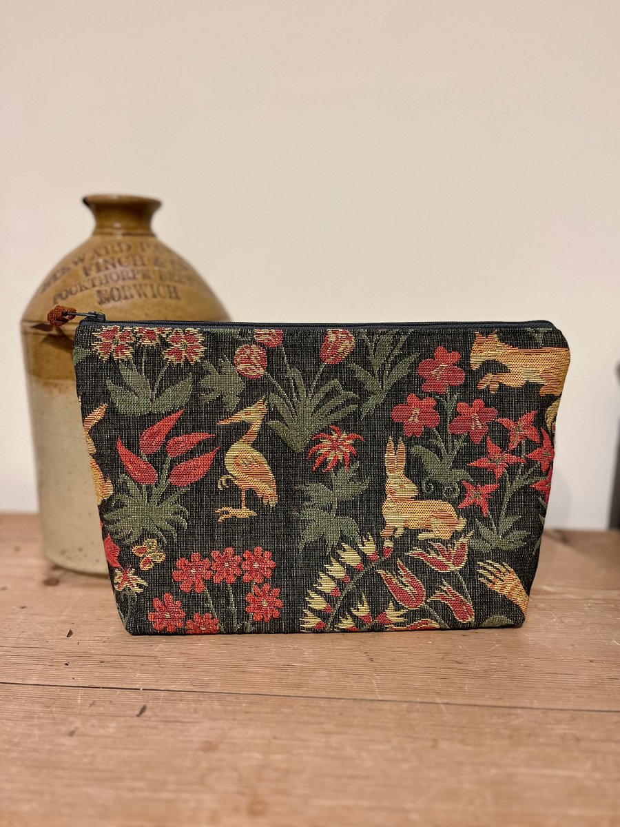 Woodland Tapestry large zip pouch with floral cotton lining