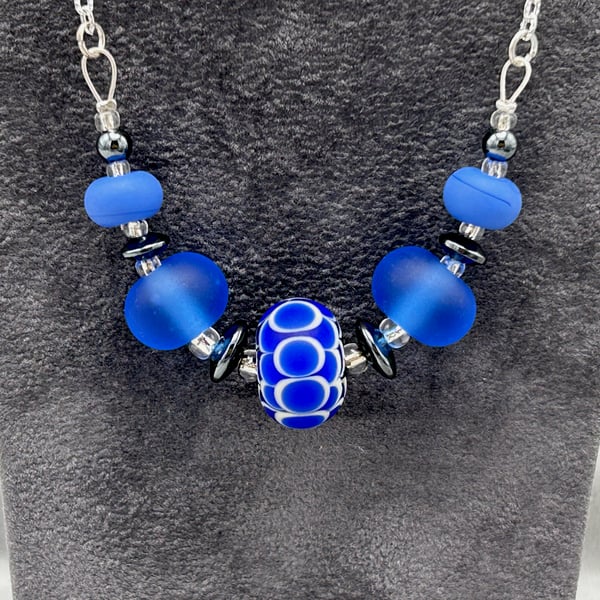 dark blue seaglass style etched lampwork glass beaded necklace