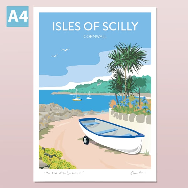 Scilly Isles, Cornwall, retro style travel poster A4