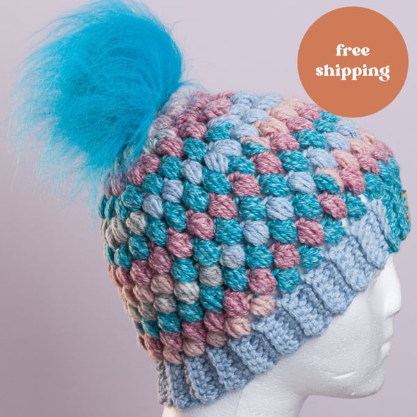 Hat-hand made crochet puff stitch with handmade faux fur detachable pompom