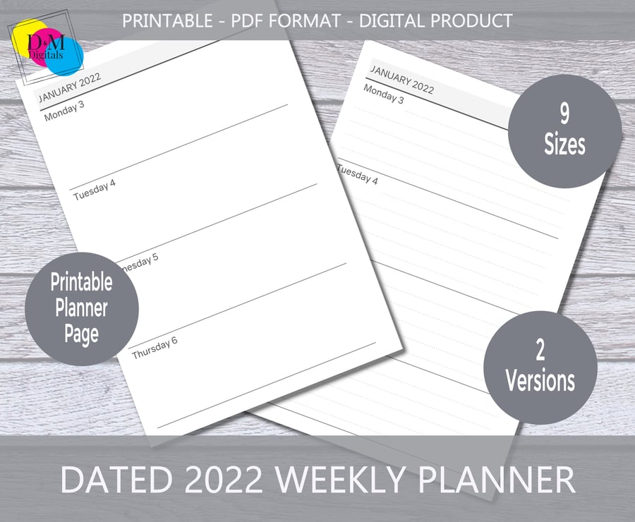 Dated 2022 Weekly Printable Planner Inserts, Dated Week on two pages spread 