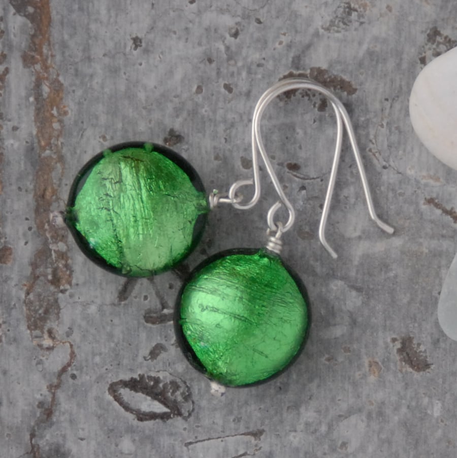 Apple green murano bead and sterling silver earrings