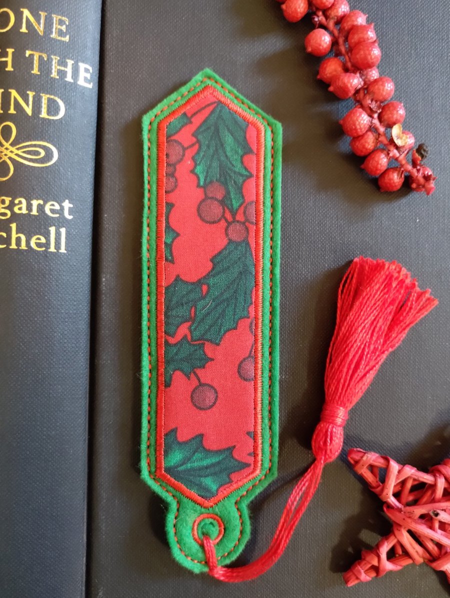 Christmas Holly Bookmark embroidered hand crafted design coordinating tassel