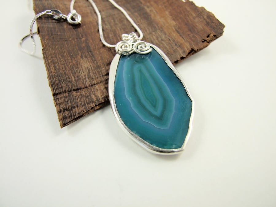 Turquoise Agate Slice Pendant - Set in Sterling Silver with Wire Wrapping 