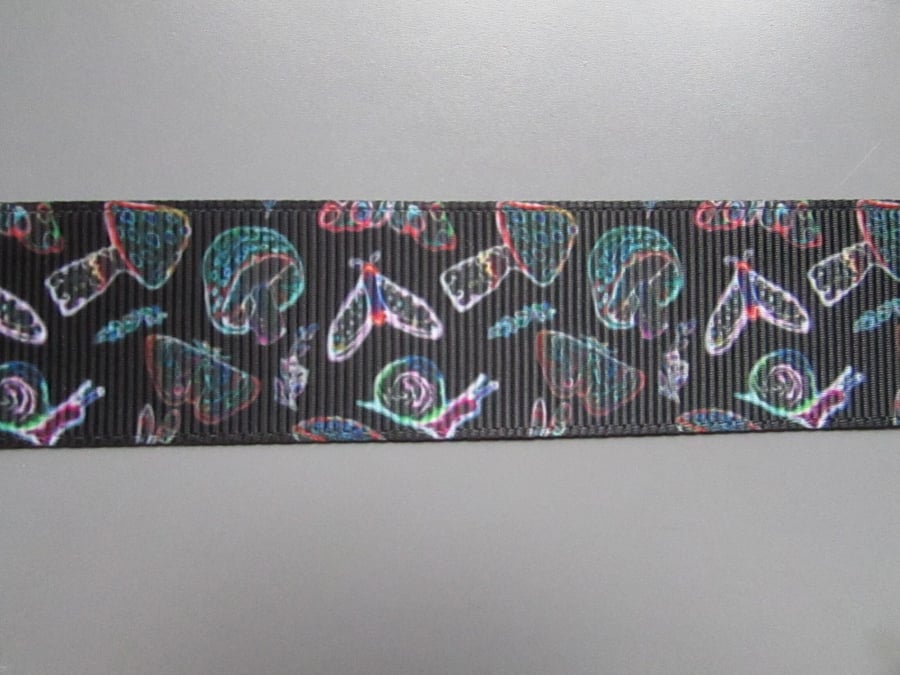 Magic Enchanted Toadstool MushroomMothSnail 2.5cm Grosgrain Ribbon x 1 metre
