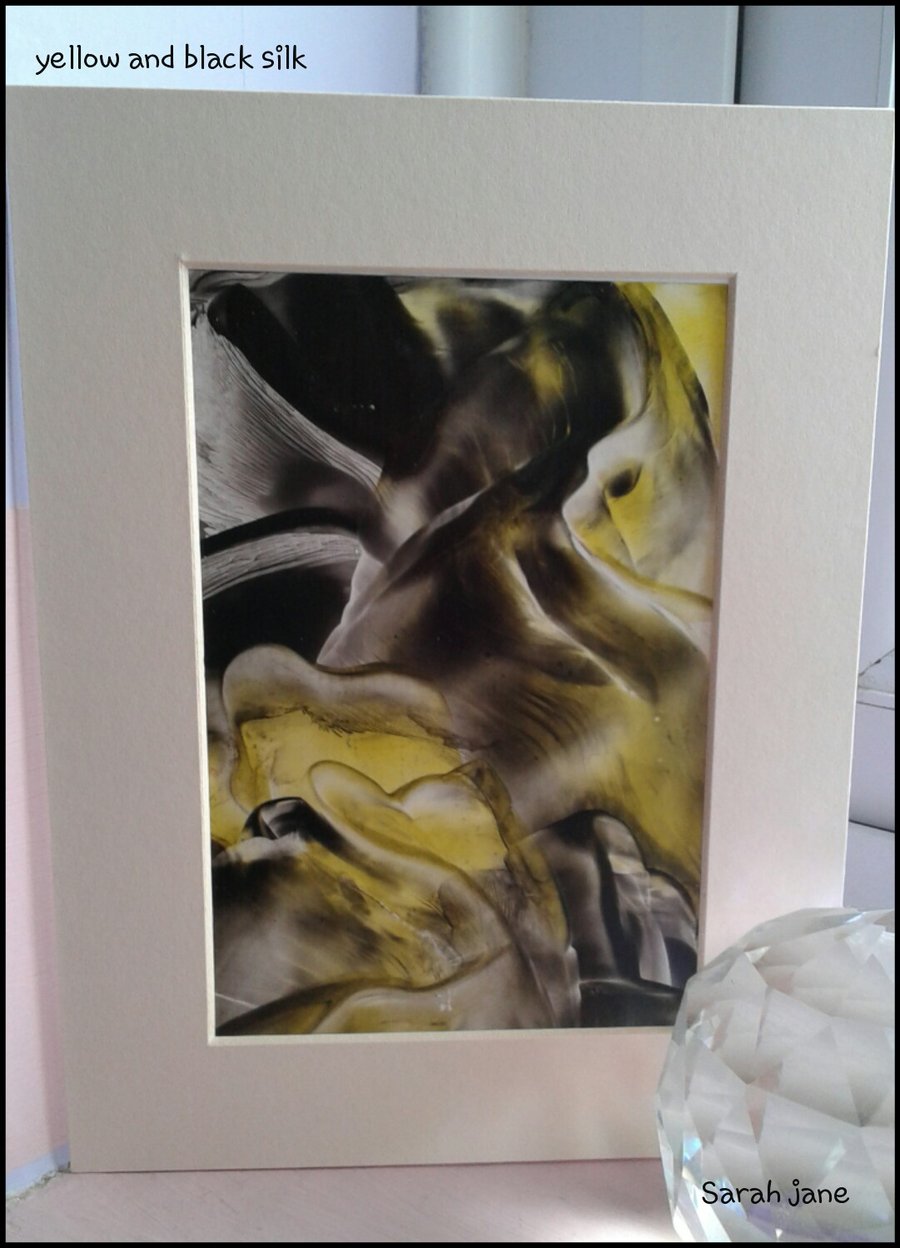 Yellow and black silk encaustic art painting 