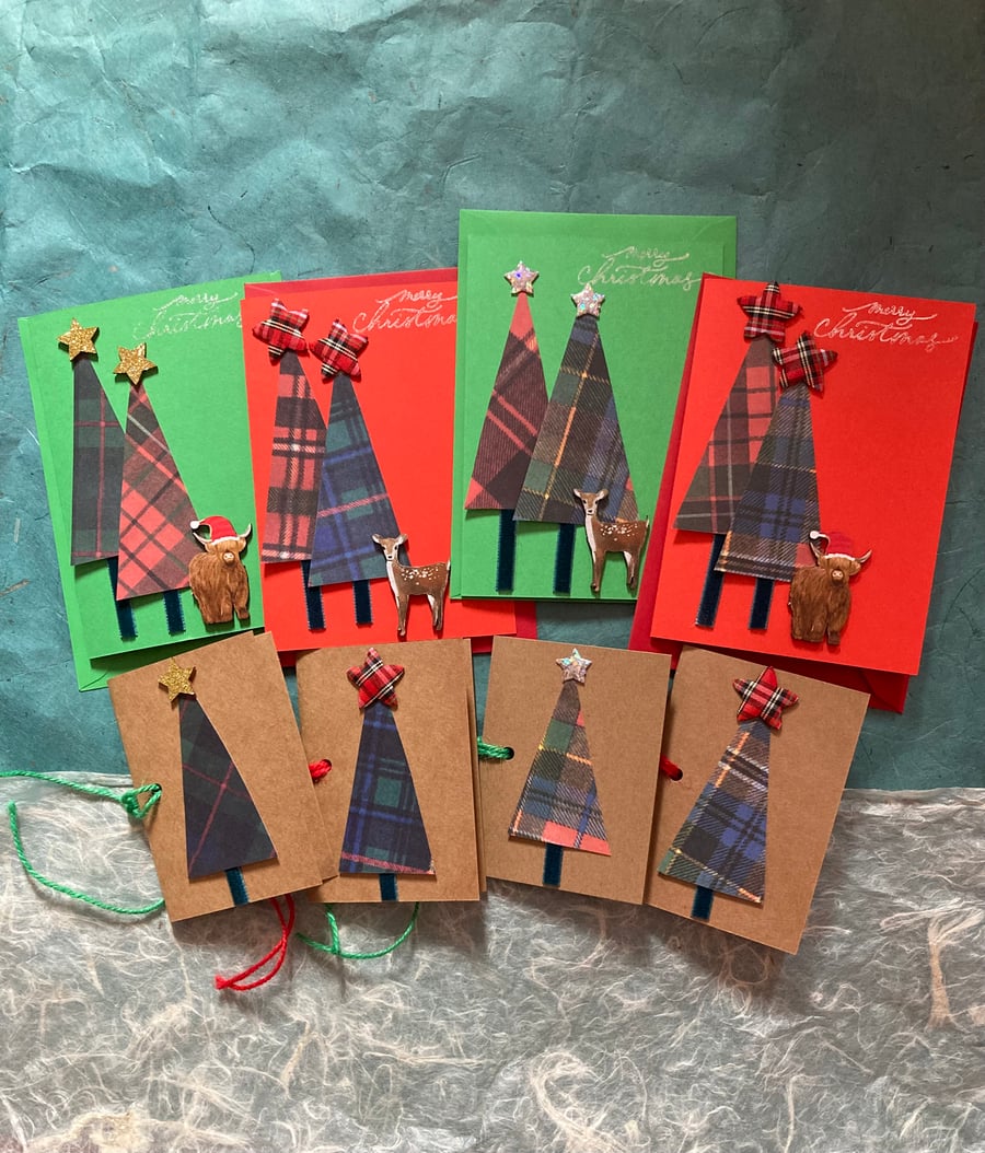 4 tartan tree Christmas cards plus matching gift tags