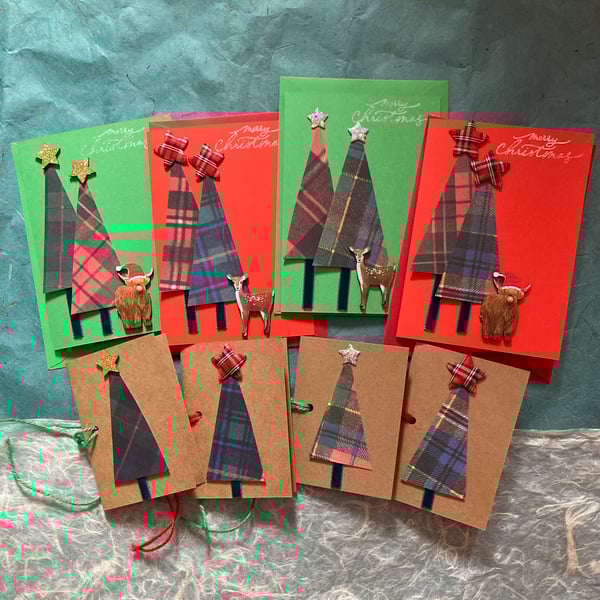 4 tartan tree Christmas cards plus matching gift tags