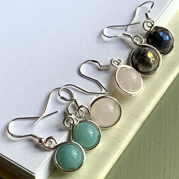 Blue, pink & rainbow wire wrapped gemstone earrings, set of 3 pairs