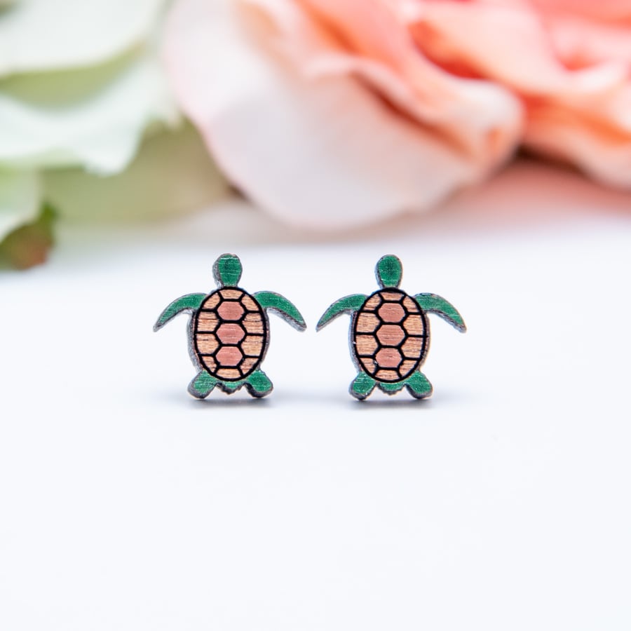 Hand Painted Wooden Turtle Earrings, Turtle Studs, Wood Earrings, Turtles