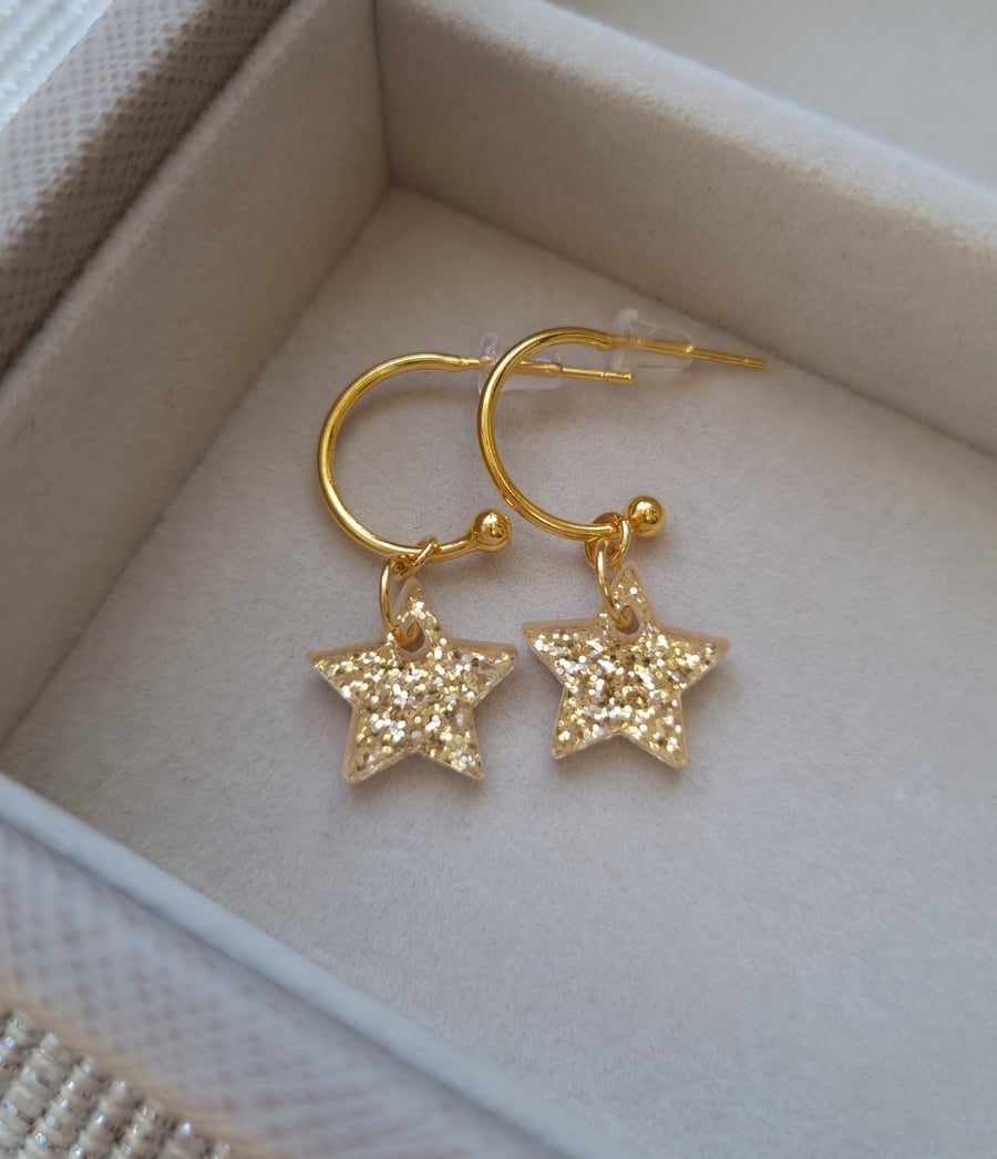 Gold Glitter Encrusted Resin Star Half Hoop Earrings - Christmas Collection