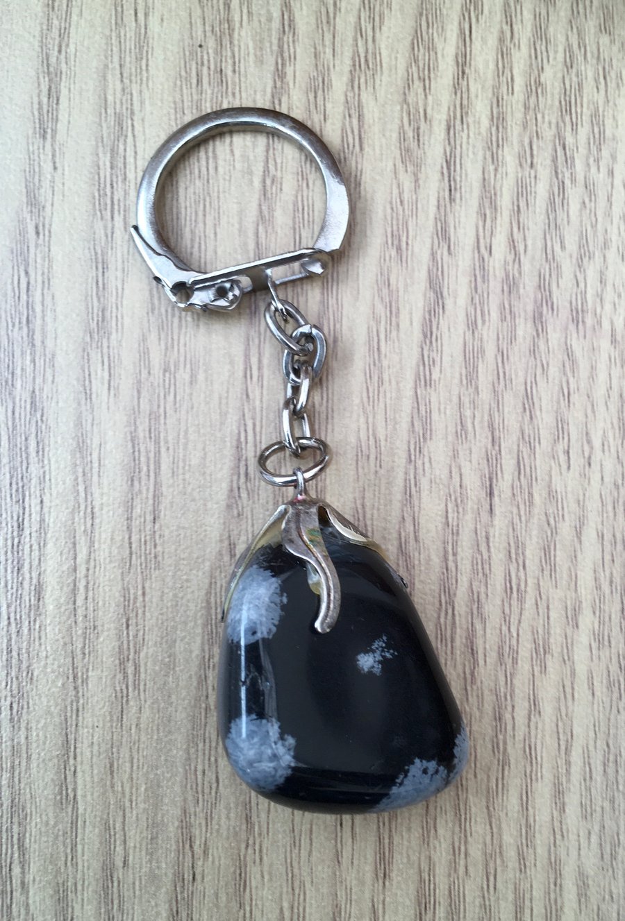 Snowflake Obsidian Tumblestone Gemstone Keyring or Handbag Charm.