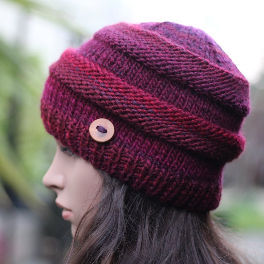Beanie hat knitted, burgundy womens hat, gift guide for her