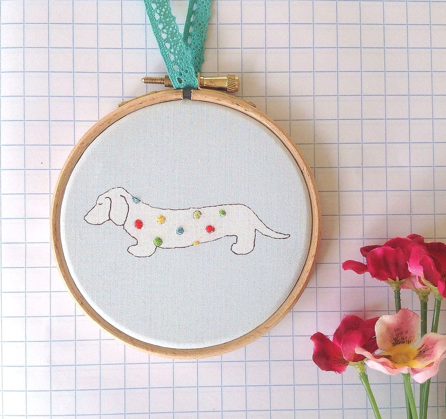 Dachshund Dog Hand Embroidered Hoop Art