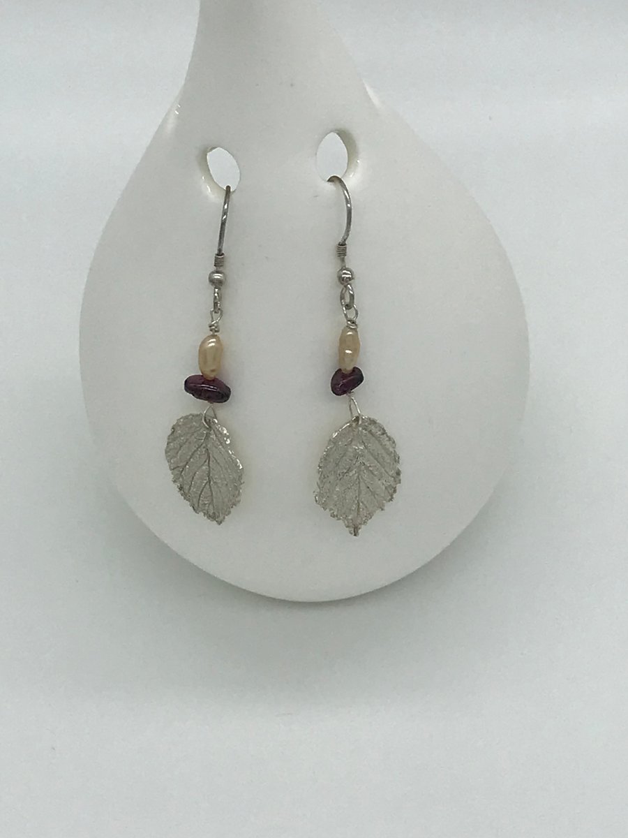 Silver Leaf, natural pearl and natural stone drop earrings